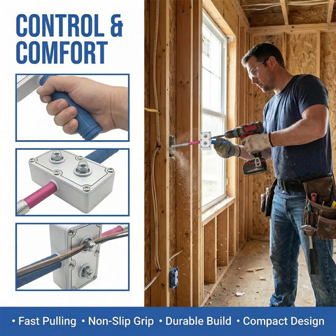 Drill Powered Wire Puller And Automatic Cable Threading Machine Smooth Conduit Wizard Crushes Heavy Duty Wall Wiring Jobs Without A Hiccup With Non Slip Grip in use.