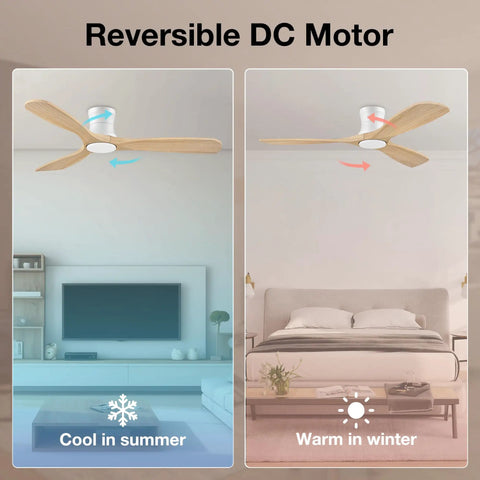 Slick Look 52 Inch Low Profile Ceiling Fan With Steady Breeze Motion and Soft Ambient Lights showing reversible DC motor for seasonal use.