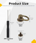 Product size diagram for Bronze D Ring Rivet Set For Leather Purses And Handbags 21 Piece Kit with measurements and screwdriver