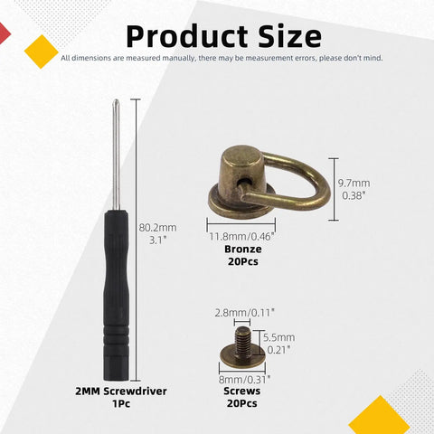 Product size diagram for Bronze D Ring Rivet Set For Leather Purses And Handbags 21 Piece Kit with measurements and screwdriver