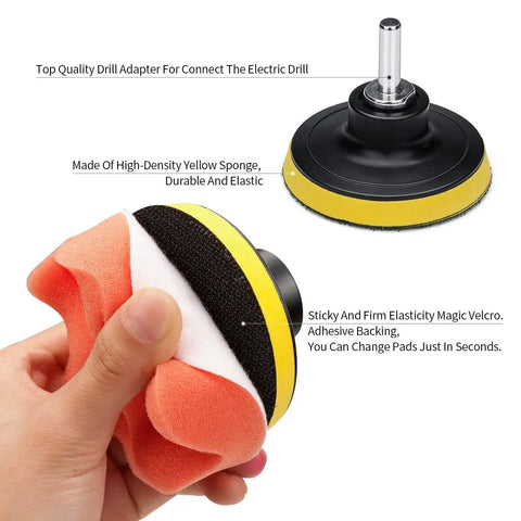 Pro Grade Car Foam Drill Polishing Pad Kit 22 Piece with 3 Inch sponge pad and drill adapter close-up