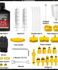 Bike Hydraulic Brake Bleed Kit With 150ml Mineral Oil Universal Adapters For Shimano TEKTRO TRP Disc Brakes Easy Ride Ready System For Road And Mountain Bikes, displayed with adapters, tools, and mineral oil bottle.