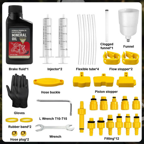 Bike Hydraulic Brake Bleed Kit With 150ml Mineral Oil Universal Adapters For Shimano TEKTRO TRP Disc Brakes Easy Ride Ready System For Road And Mountain Bikes, displayed with adapters, tools, and mineral oil bottle.