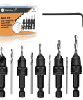 Front view of Woodworking Pro Grade Countersink Drill Bit Set 11 Piece With Adjustable Depth And Tapered Countersink Bits Replaceable Pilot Bits Allen Wrench Quick Change Hex Shank In Three Eighths Inch Storage Box