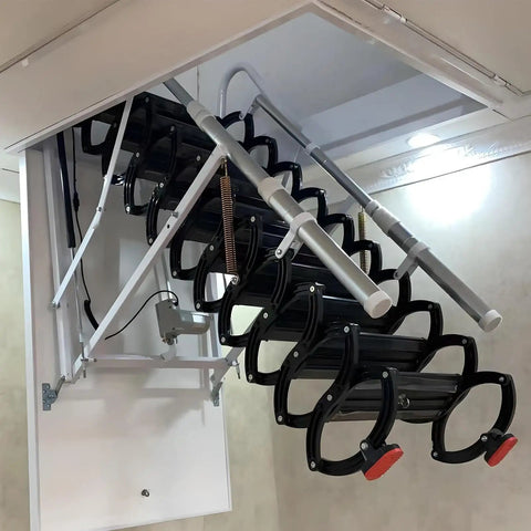Dead Simple Pull Down Electric Attic Ladder With Retractable Loft Stairs and No Sweat Hands Free Telescoping Rail for Hidden Home Storage Stash In Slick Black, showing retractable rungs and steel frame.