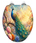 Elongated Peacock Perched Branch Blooming Flowers Vibrant Toilet Seat with colorful peacock design and floral accents.