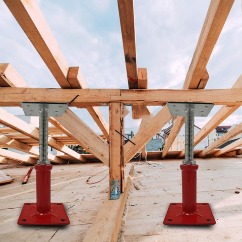Heavy Duty Floor Jacks Adjustable Screw Post Basement Support Poles For House Foundation Leveling Galvanized Steel 6000 Lb Capacity Set Of 8 with visible red support posts.