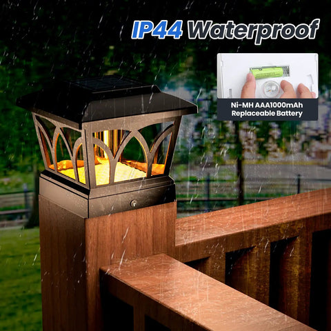 Solar Post Cap Lights For 4x4 And 6x6 Posts, Waterproof Outdoor Fence Caps With Filament LED, Two Brightness Levels shown in use.