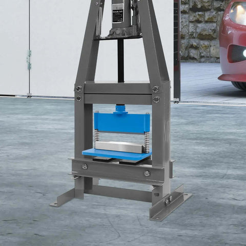 Beefy 12 to 20 Ton Hydraulic Shop Press Brake Attachment with blue metal brake die tool in garage setting