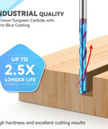 Extra Long Spiral Upcut Router Bit With One Quarter Inch Shank And One Quarter Inch Cutting Diameter, Four Inch Overall Length And Two Inch Cutting Length, Solid Carbide CNC Bit With Nano Blue Coating for woodworking mortises shown cutting wood block, front view