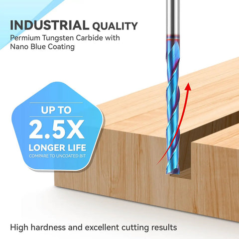 Extra Long Spiral Upcut Router Bit With One Quarter Inch Shank And One Quarter Inch Cutting Diameter, Four Inch Overall Length And Two Inch Cutting Length, Solid Carbide CNC Bit With Nano Blue Coating for woodworking mortises shown cutting wood block, front view