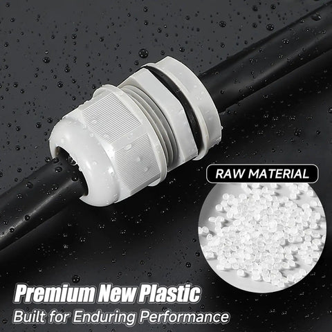 One-Stop Waterproof Cable Gland Kit, 50 Pcs, 3-16mm Adjustable Plastic Glands For Electrical Wiring, showing waterproof design in use.