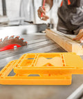 Professional Woodworking Safety Guard Kit With Rock Solid Anti Kickback Polycarbonate Shield And Adjustable Featherboards For Table Saw Shop Floor Setup, featuring adjustable orange featherboards.