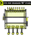 Four Tier Heavy Duty Power Tool Organizer With Wall Mount Drill Holder And Storage Rack For Cordless Drills Screwdriver Pliers And Hammer Holders Garage Shop Tool Shelf For Maximum Organization. Shelves hold cordless drills and tools with 16-inch spacing.