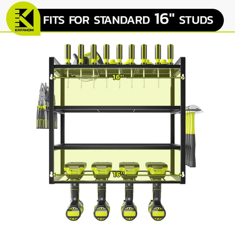 Four Tier Heavy Duty Power Tool Organizer With Wall Mount Drill Holder And Storage Rack For Cordless Drills Screwdriver Pliers And Hammer Holders Garage Shop Tool Shelf For Maximum Organization. Shelves hold cordless drills and tools with 16-inch spacing.