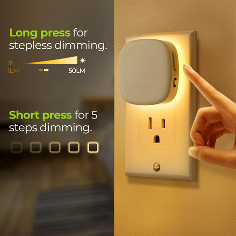 AUVON plug-in LED backlit night light with motion sensor, dusk-to-dawn, warm white, dimmable.