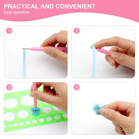 Step-by-step quilling using All In One 9 Piece Slotted Quilling Tool Set For Beginners To Pros, showing slotted pen in pink.