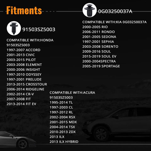 Compatibility list for 110Pcs Car Retainer Clips Kit With 6 Sizes And Storage Box, detailing Honda and Kia fitments.