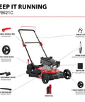 Diagram of gas push lawn mower with 21 inch deck, 144cc OHV engine, showing details like handle, wheels, blade, and components.