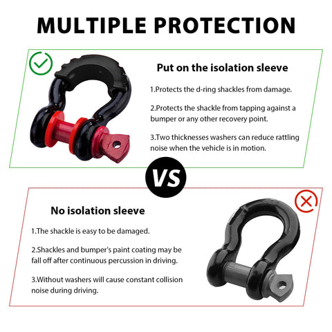 Image comparing D-ring shackles with and without 2 Pack D Ring Shackle Isolators Kit With Washers For Standard Three Quarter Inch Shackles Rubber Shackle Isolators Protect Bumper And Reduce Rattle For Trucks Suvs And Jeeps.