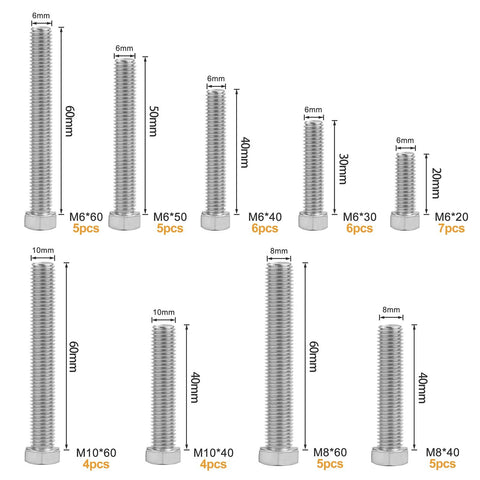 Assorted stainless steel hex bolts with nuts, M6/M8/M10, 9 sizes displayed
