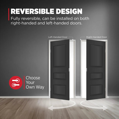 Diagram showing reversible design of Tustin No-Lock Interior Passage Door Lever for Closet and Hallway Doors Reversible Handle DIY