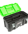 19 Inch Tool Box With Removable Tray And Beefy Handle, large plastic tool box with open lid showing compartments, green and black design