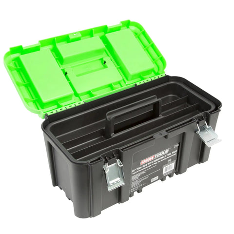 19 Inch Tool Box With Removable Tray And Beefy Handle, large plastic tool box with open lid showing compartments, green and black design