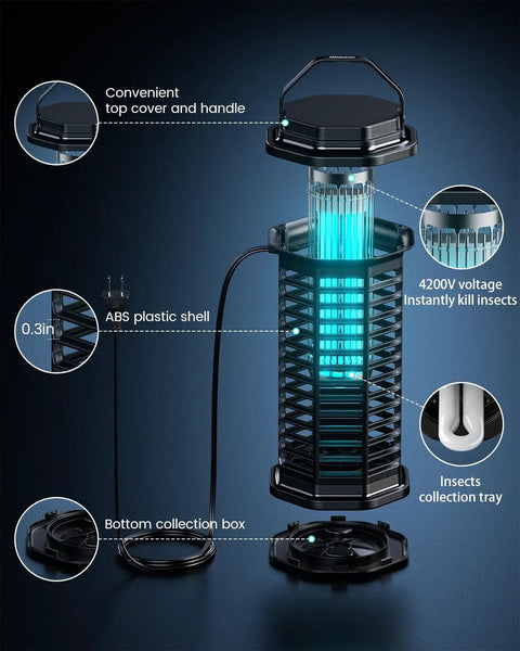 Outdoor Mosquito Zapper Electric Bug Killer 4200V With 15W UV Light IPX4 Waterproof For Yard Patio And Camping, components shown