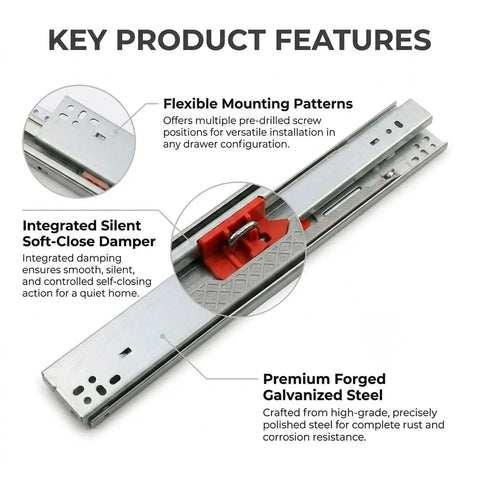Zinc Plated Drawer Slides With Soft Close Undermount Full Extension Runners For Cabinets And Furniture Quiet Smooth Glide Tough As Nails Heavy Duty Metal Rails Durable Hardware For Long Lasting Performance, galvanized steel slide with soft-close damper