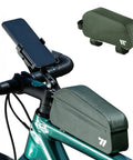Bolt-On Top Tube Bike Bag With Magnetic Flap For Quick Access During Rides, Front Frame Storage Pouch, Green on bike
