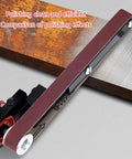 Killer Angle Grinder Belt Sander Conversion Kit For Metal And Wood Working showing polished metal and wood surfaces.