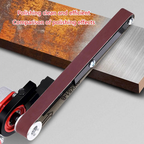 Killer Angle Grinder Belt Sander Conversion Kit For Metal And Wood Working showing polished metal and wood surfaces.