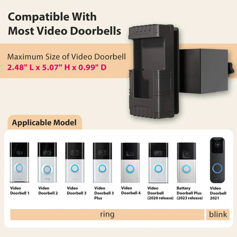 Anti Theft Video Doorbell Mount For Ring And Blink Models 1 2 3 3 Plus 4 2020 2023 And Blink 2021 No Drill Adjustable Bracket Wedge Adapter Holder Accessory in black, compatible with multiple video doorbell models, shown with size specifications and applicable models.