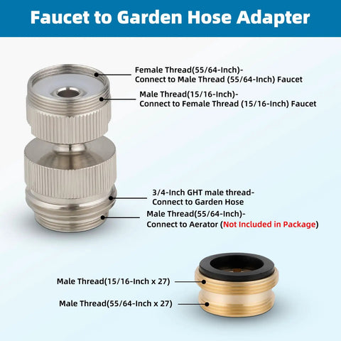 Swivel Faucet To Garden Hose Adapter Kit For Kitchen Sink Or Outdoor Hose, Multi Thread Aerator Connector, Three Quarters Inch GHT Threads, Brushed Nickel Finish, Easy Install And Leak Free Performance. Brass adapter with 55/64 and 3/4 inch threads