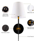 Diagram of 1 Light Wall Sconce with plug in cord and white fabric shade in matte black finish showing features like E26 socket and inline switch.