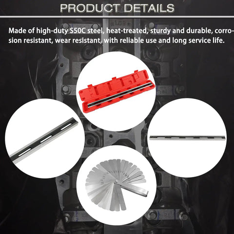 24 Inch Machinist Precision Steel Straight Edge Tool With Feeler Gauges shown in various views and its red protective case