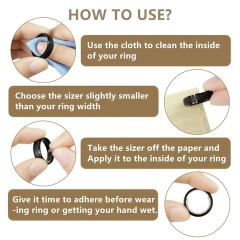 Diagram showing how to use Invisible Ring Size Adjusters Pack, 48 Pcs Soft TPU Fits Loose Wide Rings, sizes 3mm to 8mm