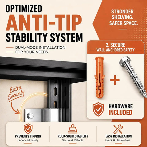 Optimized anti-tip stability system for Three Tier Kitchen Storage Rack For Pots And Pans Adjustable Metal Organizer Shelf