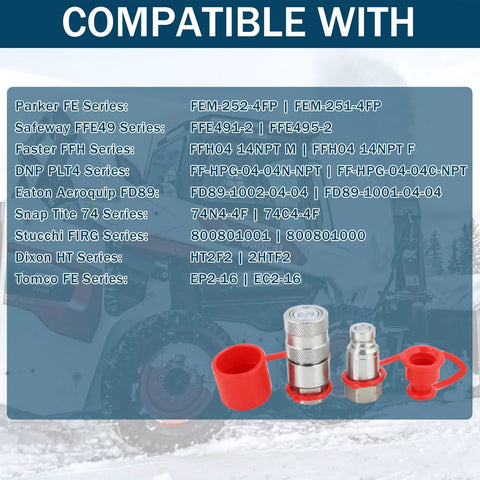 Front view of 1/4 in skid-steer flat-face hydraulic quick-connect couplers with red dust covers