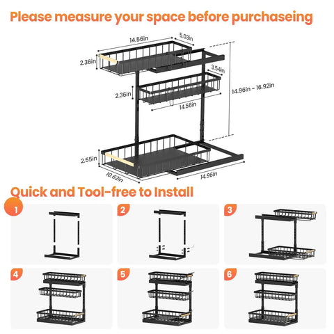 Assembly guide for Under Sink Organizer Set, 2 Pack 3 Tier Pull Out Shelf Organizers with L Shaped Design, adjustable height view.