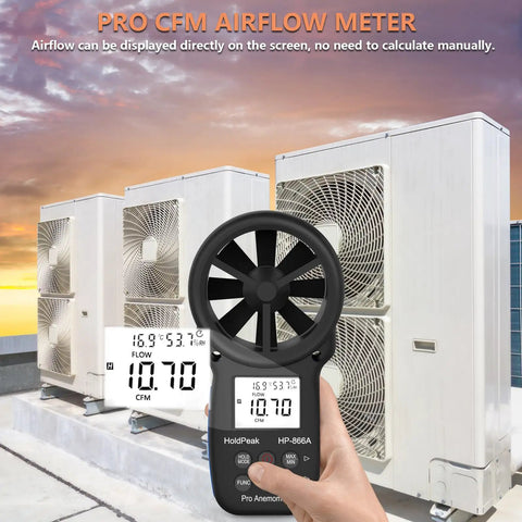 866A HVAC Anemometer Pro CFM Air Flow Meter With USB Handheld Wind Speed Temperature Humidity And Dew Point Gauge For Ductwork And HVAC Pros Boss Level Airflow Monitoring Device, handheld by rooftop HVAC units