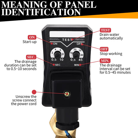 Front view of automatic drain valve kit controller for air compressors showing on, off, sec, and min settings and connections.