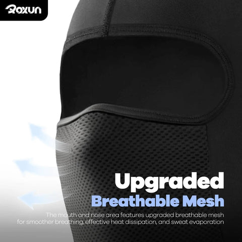 Close-up of black Ice Silk Cooling Balaclava Face Mask For Summer Sweat Wicking Comfort Mesh Breathable UPF 50 Plus Sun Protection