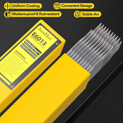 E6013 3 32 Inch Diameter 5Lb Carbon Steel Arc Welding Rods with yellow packaging showing electrodes and product details