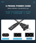 Close-up of 6 Ft Universal 2 Prong AC Power Cord For TVs, Printers And Laptops, showing the C7 and NEMA 1-15P plug connectors.