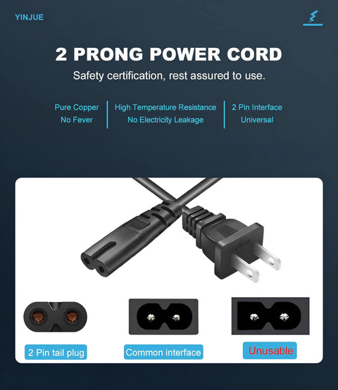 Close-up of 6 Ft Universal 2 Prong AC Power Cord For TVs, Printers And Laptops, showing the C7 and NEMA 1-15P plug connectors.