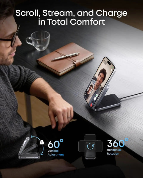 Prime 3 In 1 Wireless Charging Station With AirCool Tech 25W Qi2.2 MagSafe Charger for iPhone 17 on desk with man using it