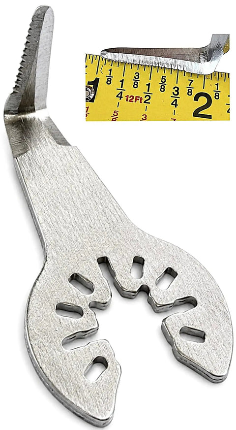 5-Pack 1 Inch Serrated Caulk Removal Blades for Oscillating Multitool showing blade close-up with ruler for scale
