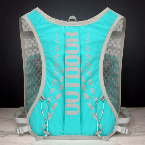 Back view of Hydration Backpack For Hiking And Trail Running 5L With Adjustable Straps, turquoise with hex mesh fabric.